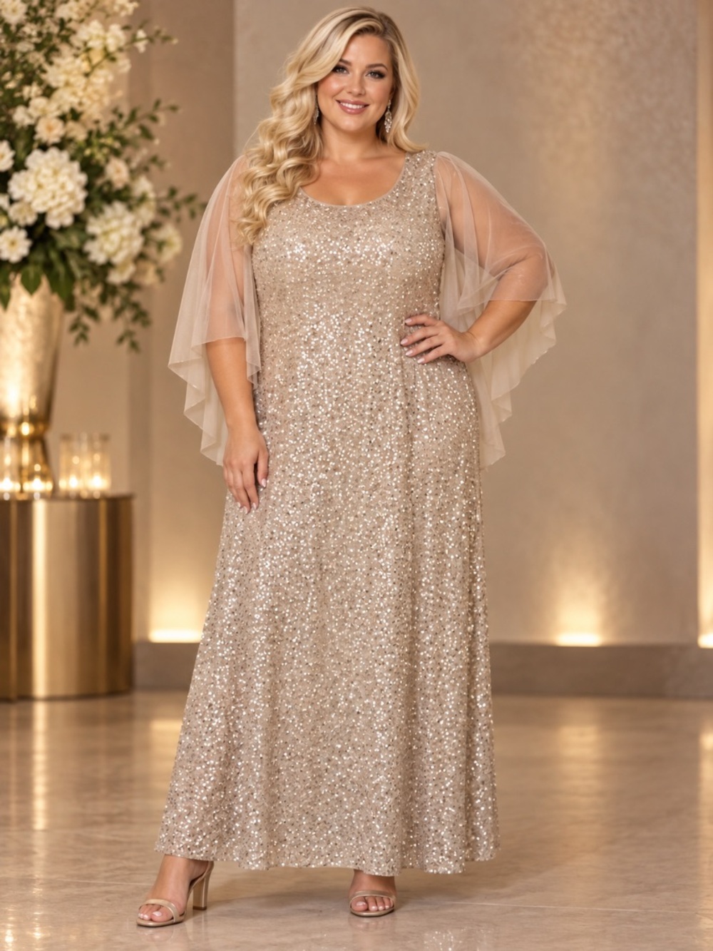 Plus-Size Sequin Maxi Dress with Sheer Cape Sleeves in Champagne